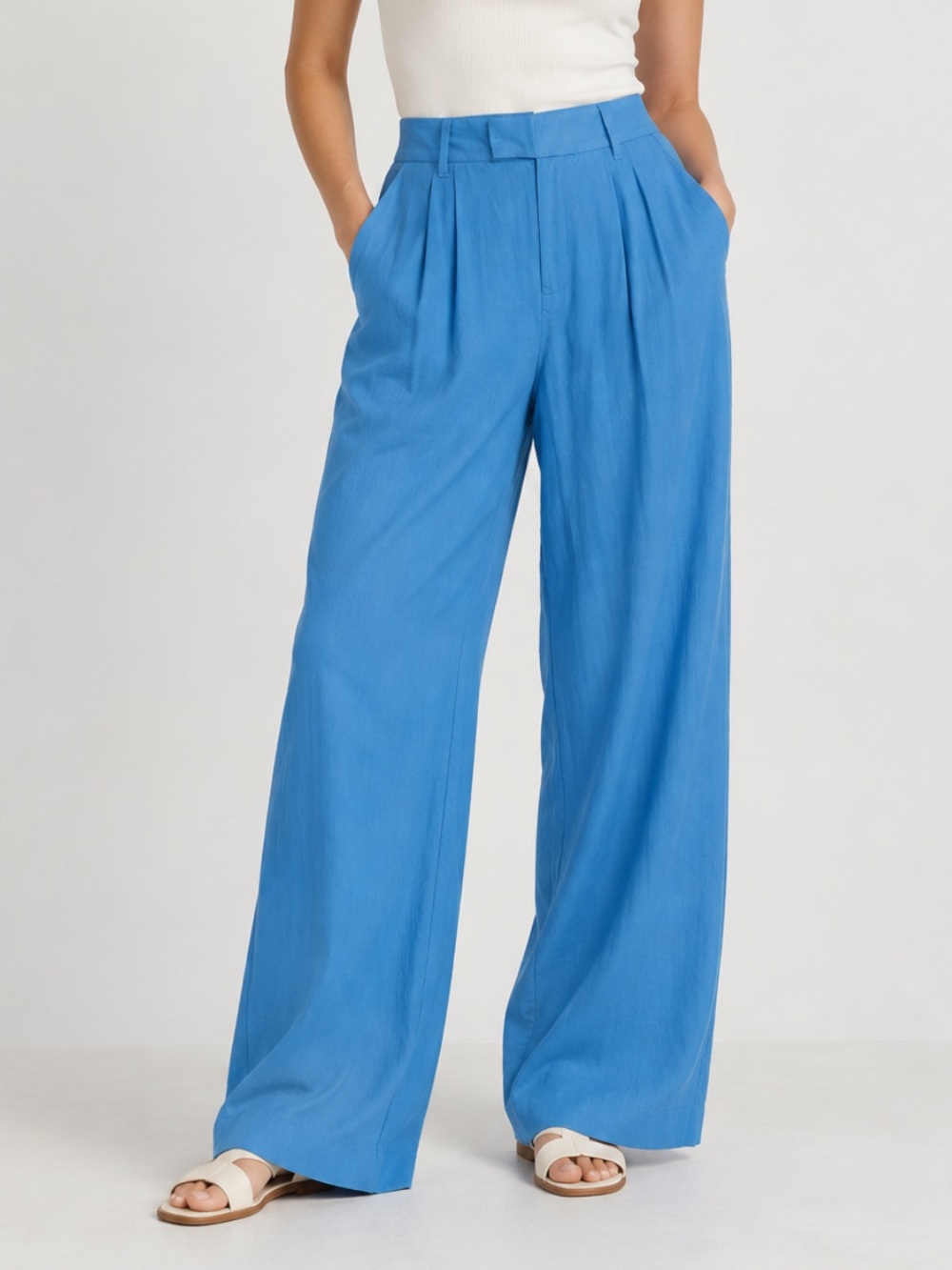 NWT A New Day Linen Blend High Rise Pleated Wide Trouser Pant Boho Blue 4